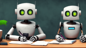 Two robots at a desk, writing