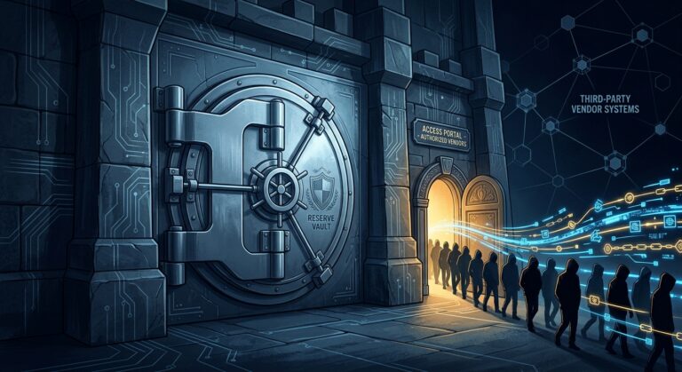 A dramatic digital illustration depicting a fortress-like vault door standing intact and untouched, while shadowy figures in dark hooded silhouettes walk freely through a side door built into the fortress wall — the side door is ornate and official-looking, clearly installed by the architects themselves. The main vault bears no damage, no cracks, no signs of forced entry. Through the open side door, streams of glowing data packets and token chains flow outward into a dark network of interconnected nodes representing third-party vendor systems. The color palette is deep navy, charcoal, and cold steel blue, with amber warning glows emanating from the side doorway. The overall aesthetic is editorial cybersecurity illustration, rendered in a cinematic, high-contrast style with subtle digital circuit textures overlaid on the architecture.