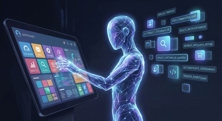 A sleek, dark editorial illustration showing a humanoid AI agent figure made of glowing geometric lines standing in front of a large touchscreen interface filled with colorful app tiles, buttons, and navigation menus. The agent's hand reaches toward a glowing button but phases through it like a ghost, unable to interact. Behind the agent, floating in mid-air, are clean geometric shapes representing discrete callable actions and API endpoints, glowing with soft blue and cyan light, clearly within the agent's reach. The contrast is stark: the rich visual UI interface is inaccessible and dimly lit from the agent's perspective, while the abstract modular action components behind it pulse with energy. The overall aesthetic is dark background, cyberpunk-minimal, with a cool blue and violet color palette, rendered in a high-quality editorial tech illustration style.