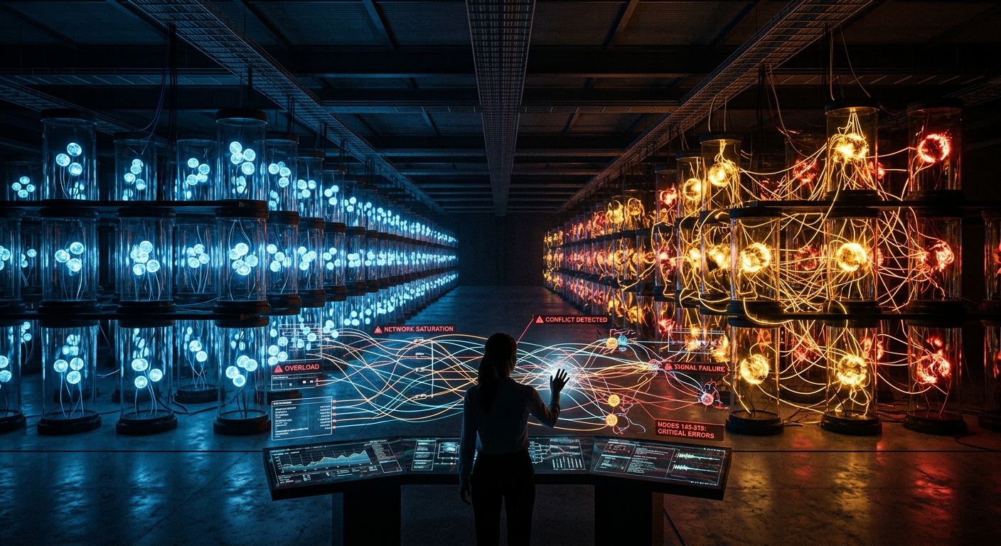 A vast corporate server room rendered in dramatic chiaroscuro lighting, filled with hundreds of glowing AI agent nodes represented as luminous orbs connected by tangled webs of fiber-optic lines, each cluster isolated from the others in separate glass silos. In the foreground, a single overseer figure in silhouette stands before a sprawling holographic dashboard showing overlapping, redundant network pathways converging into chaos. Some orbs pulse erratically, their routing signals interfering with neighboring clusters. The color palette shifts from cool organized blue on the left to a tangled, overheated amber and red on the right, symbolizing escalating complexity and loss of control. The aesthetic is cinematic editorial photography meets near-future tech illustration, with sharp depth of field emphasizing the overwhelming scale of interconnected but uncoordinated systems.