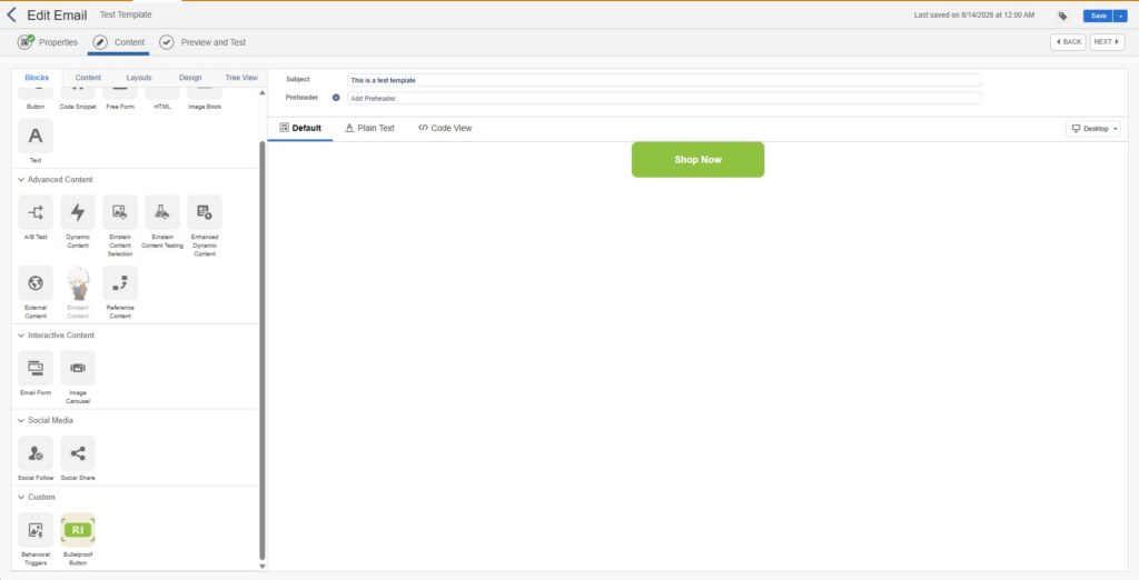 Email template editor interface showing content blocks and a green Shop Now button preview