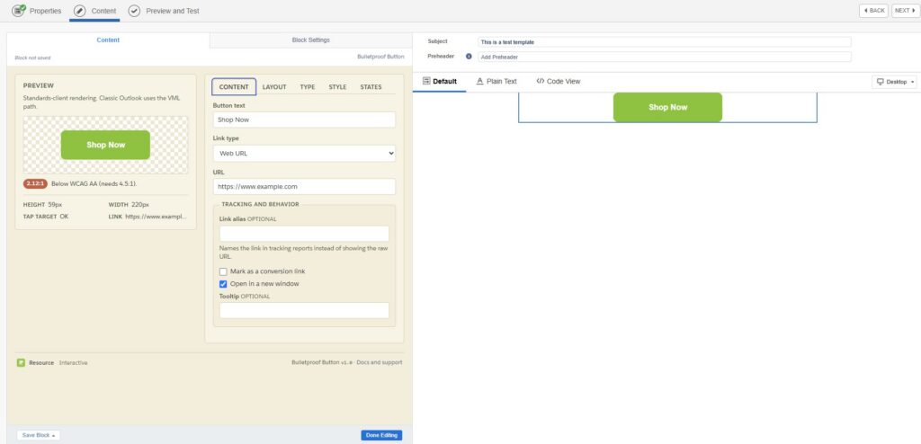 Email template editor showing a green Shop Now button with configuration options for link type, URL, tracking, and display settings