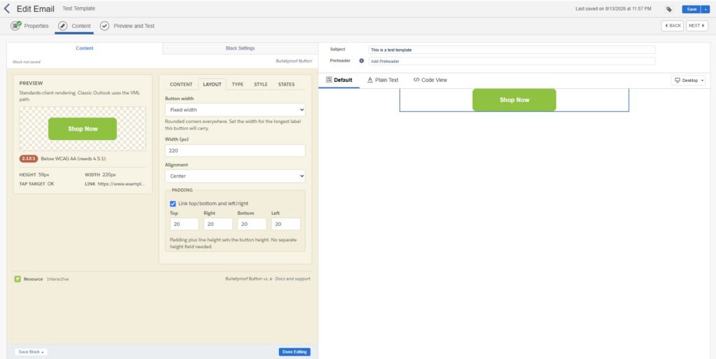 Email template editor interface showing a green Shop Now button with configuration options for width, alignment, and padding