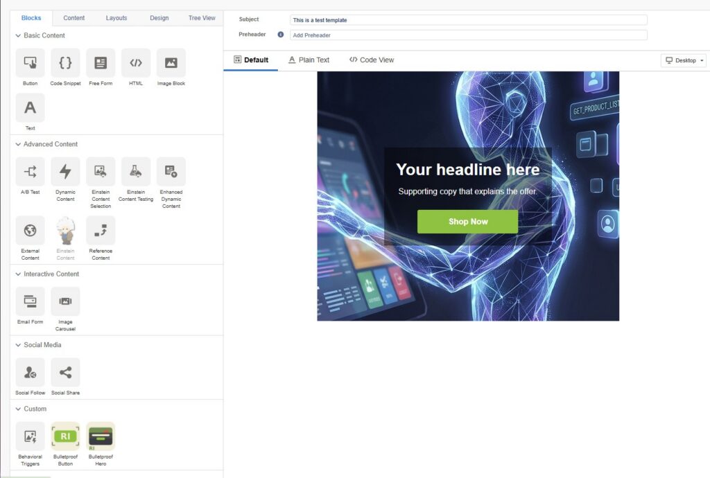 Digital wireframe figure with glowing blue geometric lines on dark background, overlaid with text "Your headline here" and "Supporting copy that explains the offer" with a green "Shop Now" button, representing a technology or AI-themed marketing template design