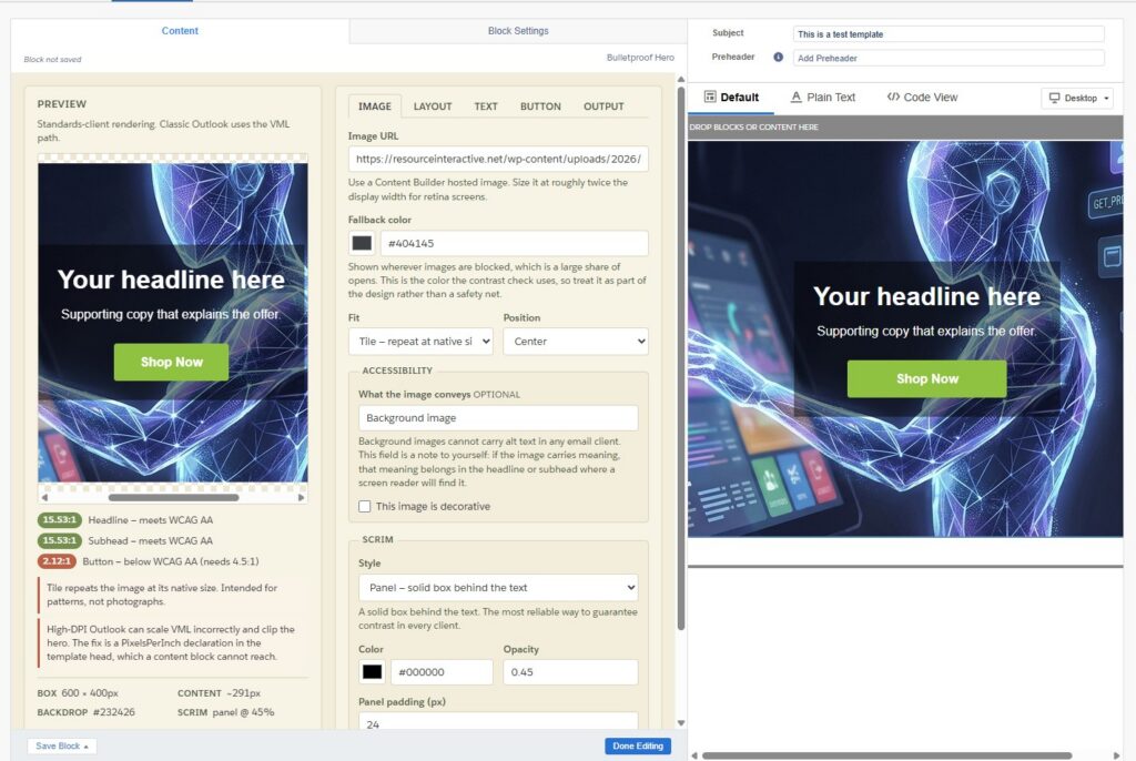 Abstract digital network visualization with glowing blue geometric lines forming a head profile, overlaid with "Your headline here" text, "Supporting copy that explains the offer" subtext, and a green "Shop Now" button