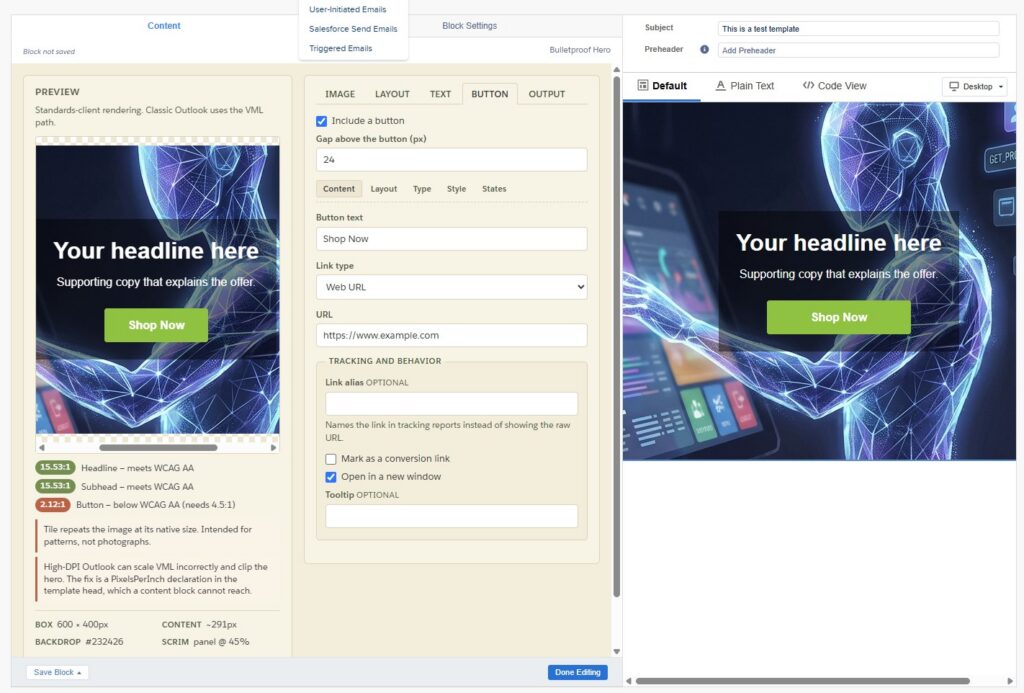 Email template preview showing digital head illustration with "Your headline here" text, supporting copy, and green Shop Now button over dark background with blue network graphics